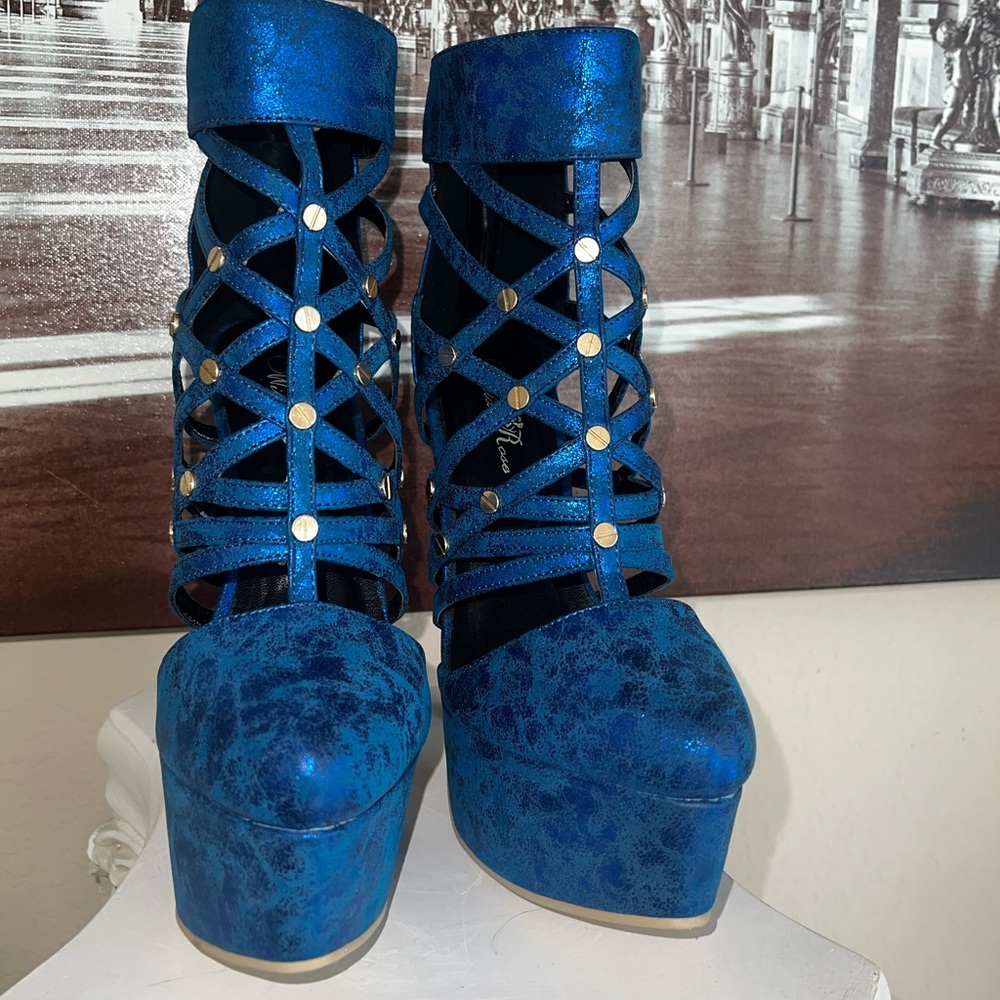 Blue Metallic Strappy Platform Heels
